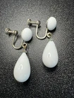 Vintage Japan Screw Back Earrings White Milk Glass Teardrop Dangle 1948-1958