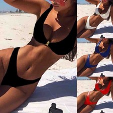 Ensemble de bikini sexy à col en V taille haute maillots de bain noir/blanc