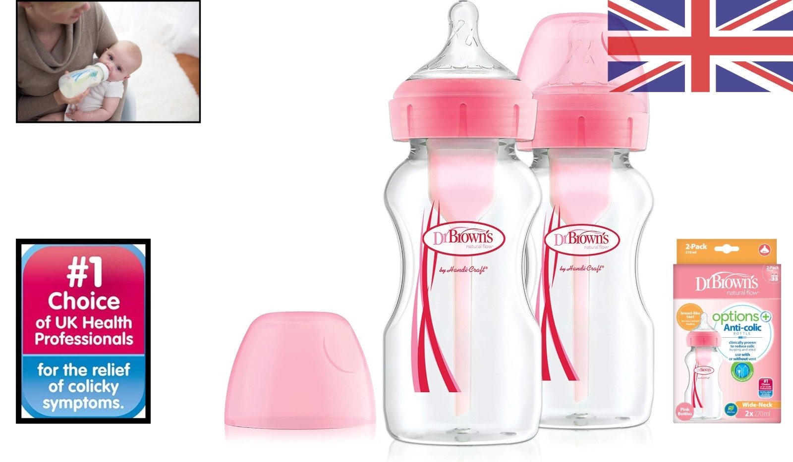 Dr Brown's Anti-Colic Pink Baby Bottles 9oz/270ml - 2-Pack with Orthodontic Teat