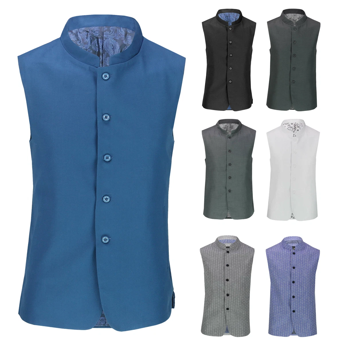 Mens Vintage Chinese Grandad Collar Waistcoat Retro Indian Nehru Beatle Style