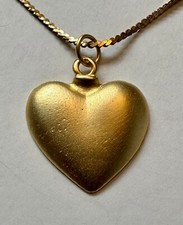 Vintage Heart (made in USA) gold tone pendant 1 1/4" Necklace 24" vtg brass