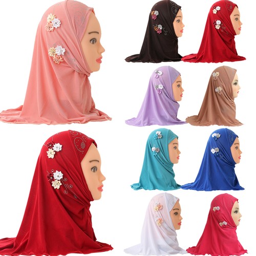 Muslim Kids Girls Prayer Hijab Scarf Khimar Hat Islam Headscarf Shawl Wrap 2-6Y - Picture 18 of 32