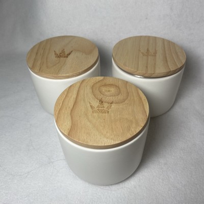 Ceramic Storage Jars with Bamboo Lids White Kitchen 3.25 H x 3.5 Dia Lot of 3