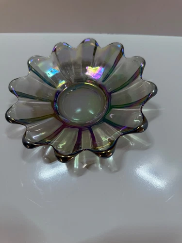 Oil Slick Iridescent Rainbow Carnival Glass Dish Bowl Wavy Edge