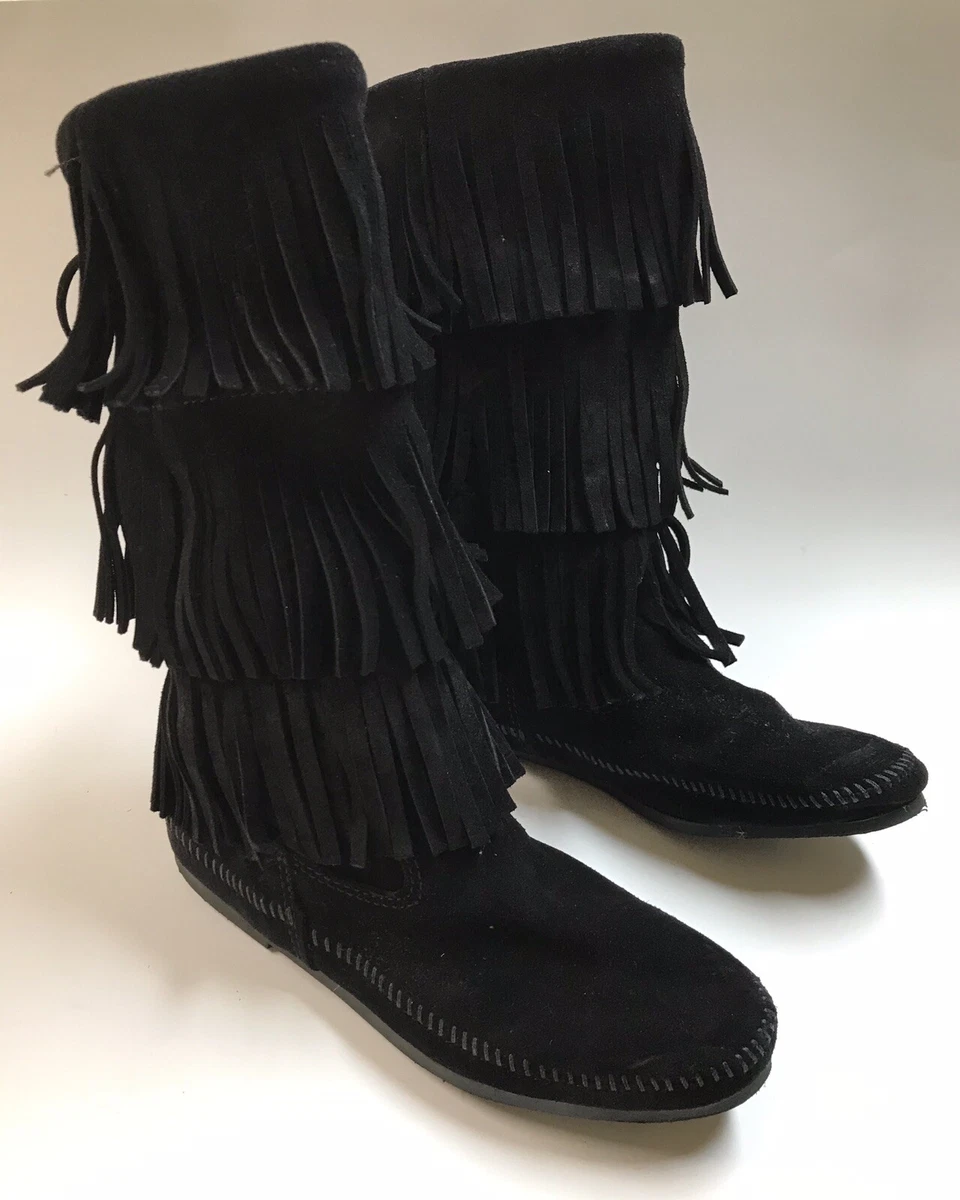 Minnetonka Womens Size 9 Black 3 Layer Fringe Suede Moccasin Boots