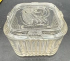 Vtg Federal Glass Clear 4" Refrigerator Dish WITH LID Embossed Vegetable 1940 K1