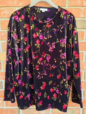 J Jill S Pullover Top Crushed Velvet Black W/Floral 3/4 Sleeves Round Neck EUC