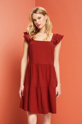 ESPRIT Jersey Mini Dress Embroidered Lace Sleeves TERRACOTTA Brown Size S