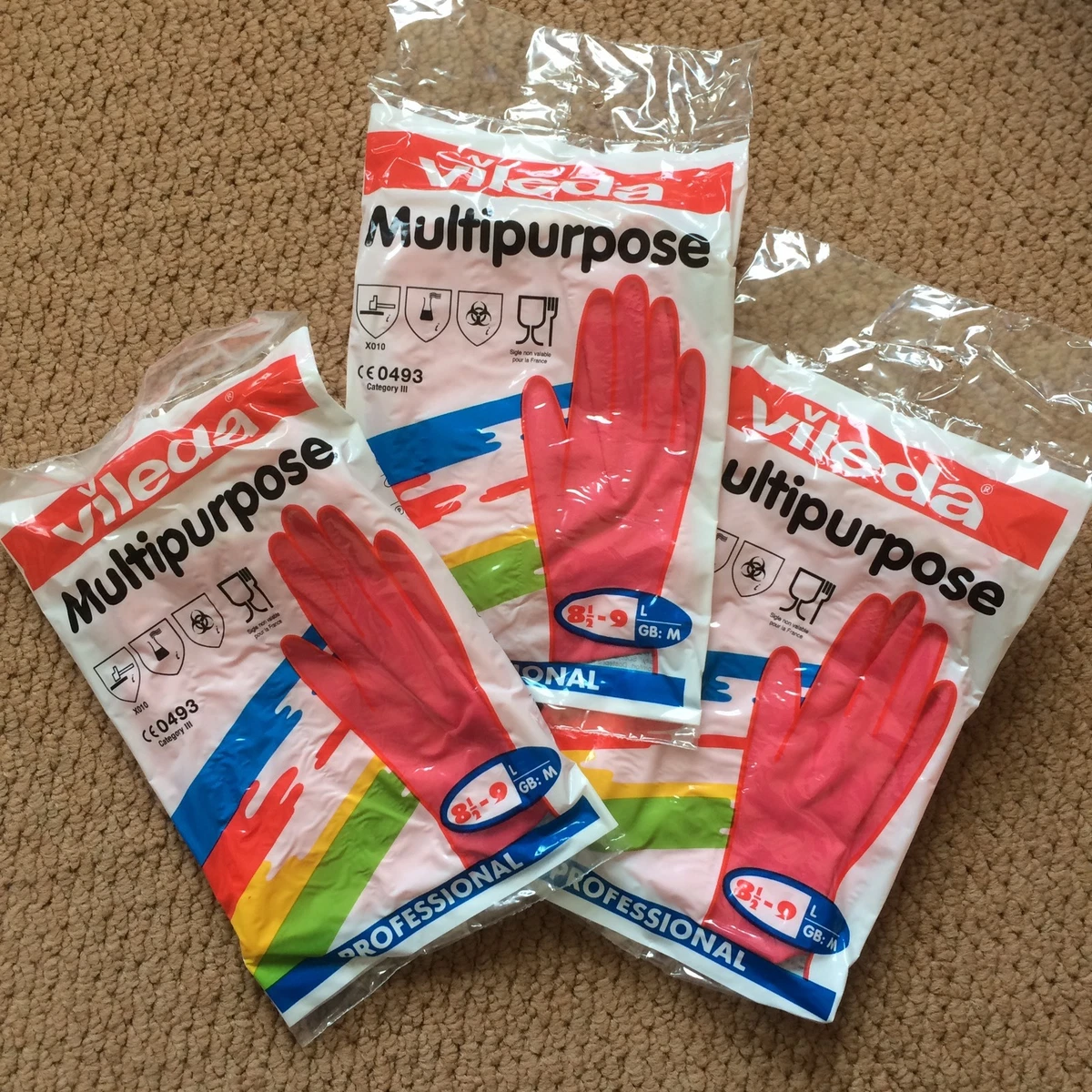 3 Pairs Vileda Multipurpose Professional Rubber Gloves Size 8.5 9 L GB M