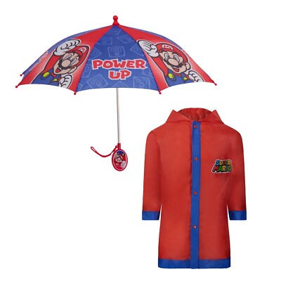 Nintendo Super Mario Kid Umbrella with Matching Raincoat Poncho for Boys Age 4-7