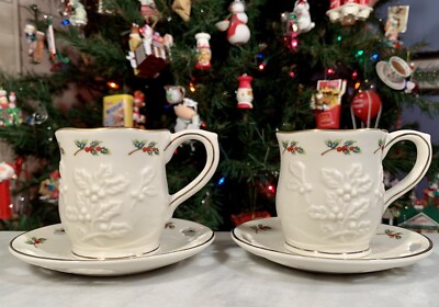 Partylite HOLLY LEAF Teacup & Saucer Set of 2 Votive Candle Holders P7257 ~ NEW
