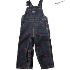 OshKosh B'gosh Kids Denim Vestbak Overalls Red Train Embroidered 18 mos