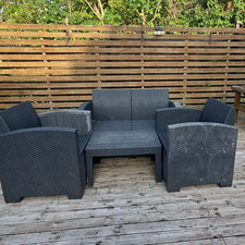 Grey Rattan Style 4-Piece Patio Dining Set, Table L, 2 Chairs And Setee