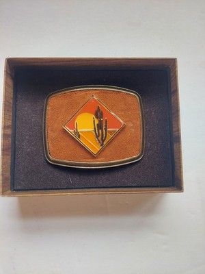 Vtg Raintree Belt Buckle Leather Enameled Brass Cactus 1978 Southwestern 