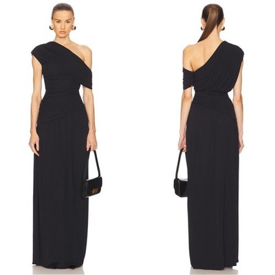 HELSA Apollo s One Shoulder Ruched Draped Jersey Caviar Black Maxi Dress Size M