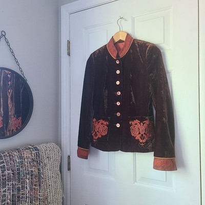 Vtg Walter Crushed Velvet Leather Embroidered Jacket Sz S 4 US 34 Brown Baroque