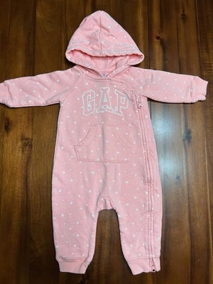 Baby Gap Pink Hooded Jumpsuit Featuring White Floral Pattern & Embroidered Logo