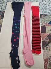 Girls Tights 3 Pairs Lot One Size Multicolor Polka Dot  Striped Pink/Red
