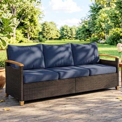 Outsunny 3 Seater Outdoor Couch Sofa with Cushioned Wide Seats, Dark Blue