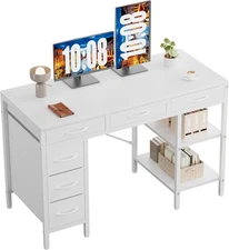 Computer Desk 47in White Wood with 2 Shelves & 6 Drawers Table for Office Home