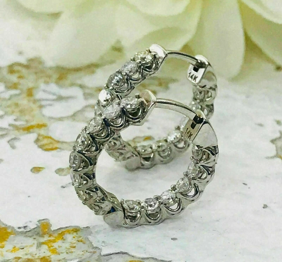 14K White Gold Over Round Diamond-Cut Lab Created Women's Huggie Hoop Earrings - Image 3 of 4