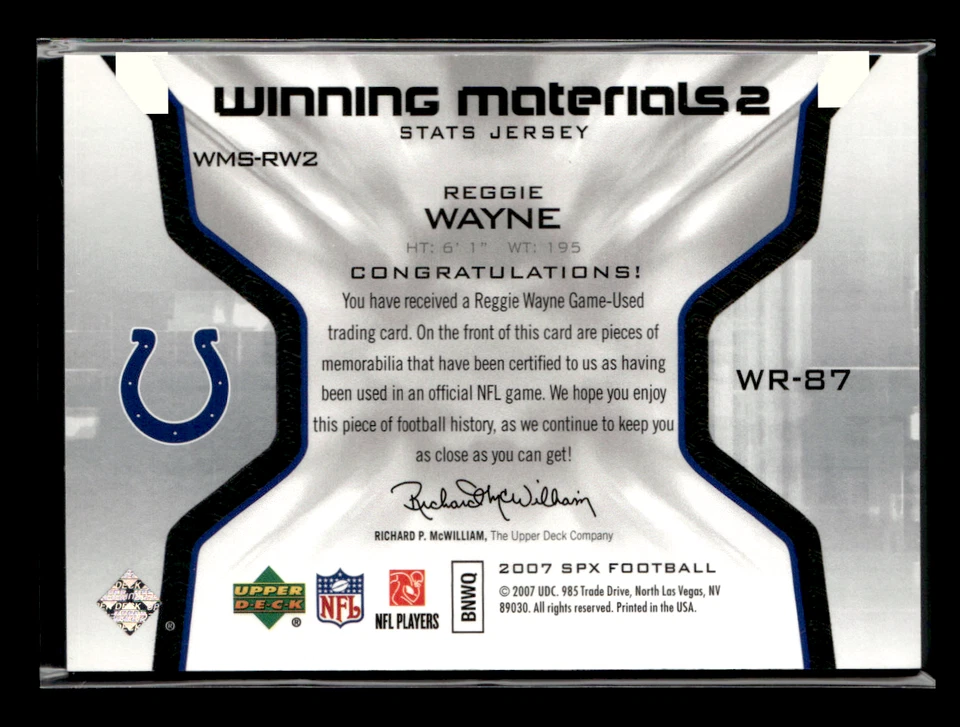 2007 SPx #WMS-RW2 Reggie Wayne Winning Materials Stat Dual - Image 2 of 2
