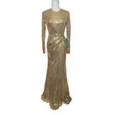 Mac Duggal Dress Gold Sequin Gown Long Sleeve Gathered Waist Size 4