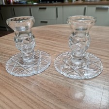 Pair Of Vintage Wide Based Clear Glass Candle Sticks For Dressing Dining Table