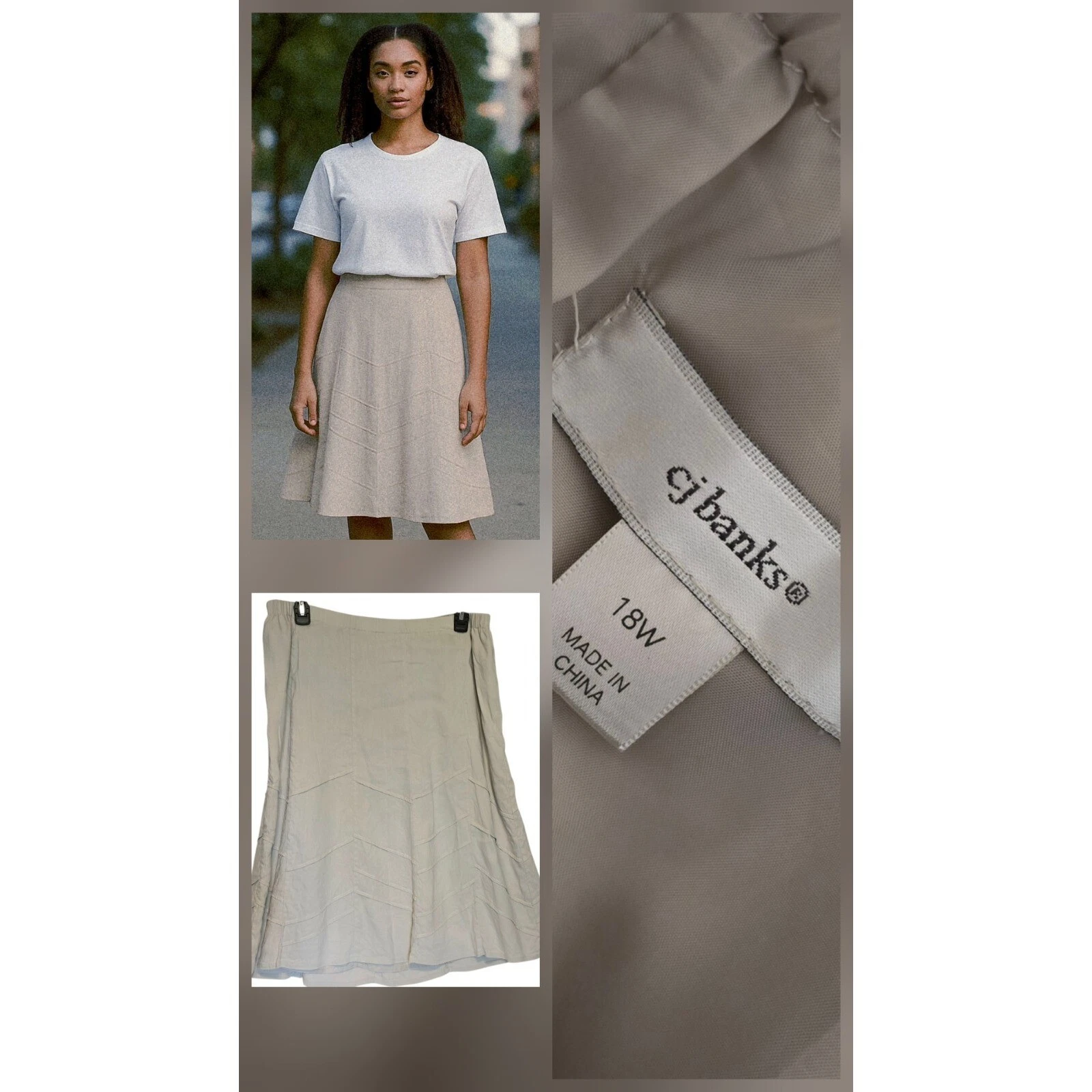 Christopher & Banks Khaki Beige A-line Midi Linen Skirt Ruffled Size 18 W 36x28