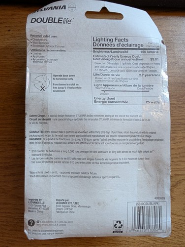 SYLVANIA 25B10C/DL/BL/4PK 120V B10 Decor Torpedo Light Bulb - Picture 2 of 2