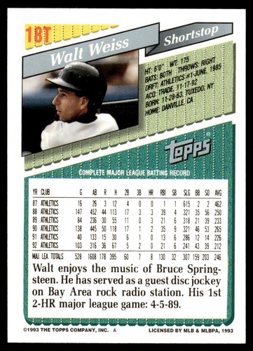 1993 Topps Traded Walt Weiss #18T - Picture 2 of 2