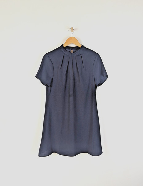 WILLA Womens A-Line Shift Dress Sz 10 Navy Short Sleeve High Neck Event Work