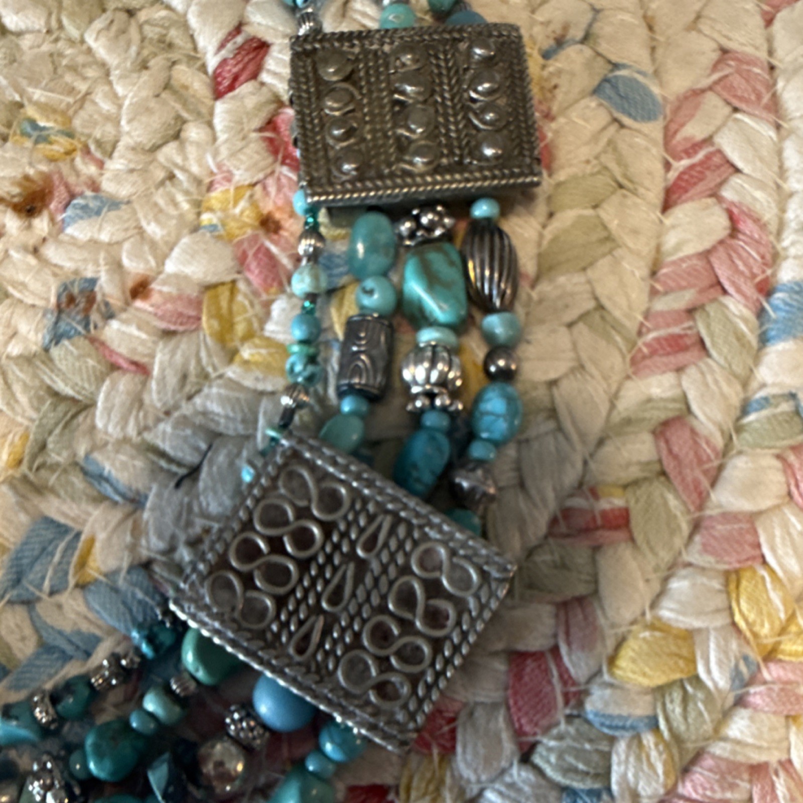 Beaded Necklace Turquoise Rectangular Silver Pend… - image 4