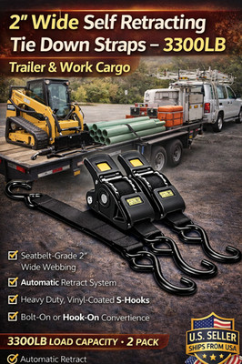 Trailer & Work Cargo Self Retracting Tie Down Straps   3300LB 2'' Wide (Pair)