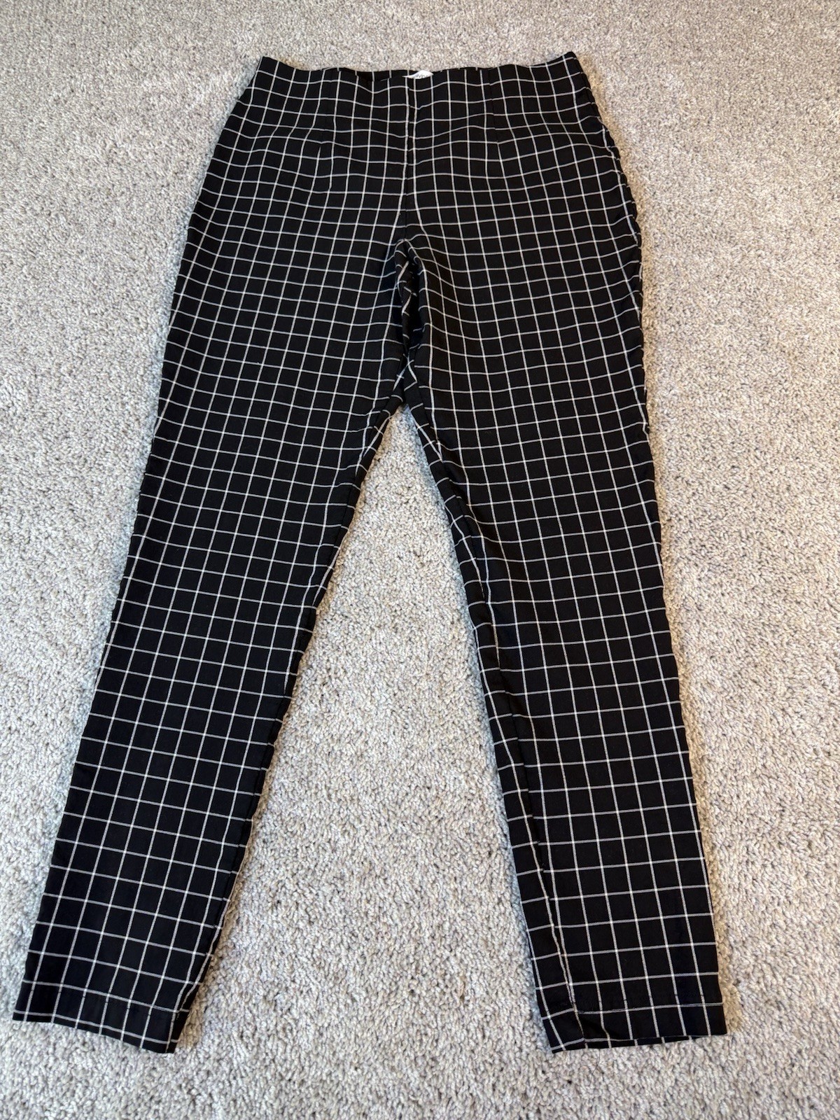 Calvin Klein Black White Windowpane Plaid Pull On Skinny Leg Dress Pants 8
