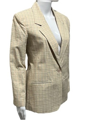 NWT Vintage Adolfo Studio Linen Blend Blazer Size P6 Beige Plaid Dark Academia