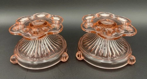 Pair Anchor Hocking Pink Open Lace/Old Colony Candlestick Depression Glass 1930s