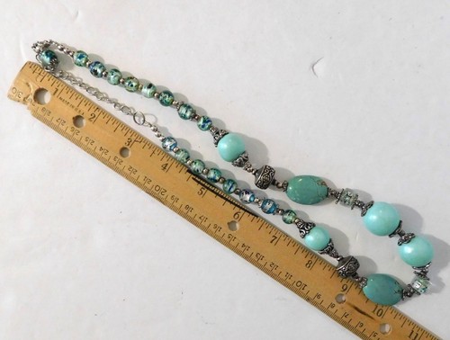 Vintage Style Turquoise Silver Beaded Jewelry Necklace 22 Inch Pierced Earrings - Picture 8 of 8