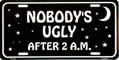 NOBODY'S UGLY AFTER 2 AM METAL LICENSE PLATE NUMBER 600