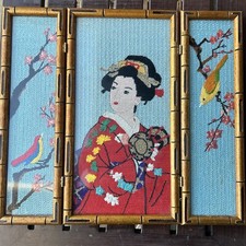 VTG Needlepoint Geisha Kimono Japanese Woman Cherry Blossom Birds Bamboo Frame