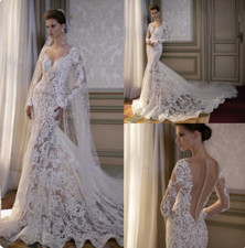 Vintage Lace Wedding Dresses V Neck Long Sleeves Appliques Sequins Bridal Gowns
