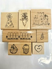 8 Wood Backed Rubber Stamps Fence Carrot Bubbles Party Sandcastle More Dot