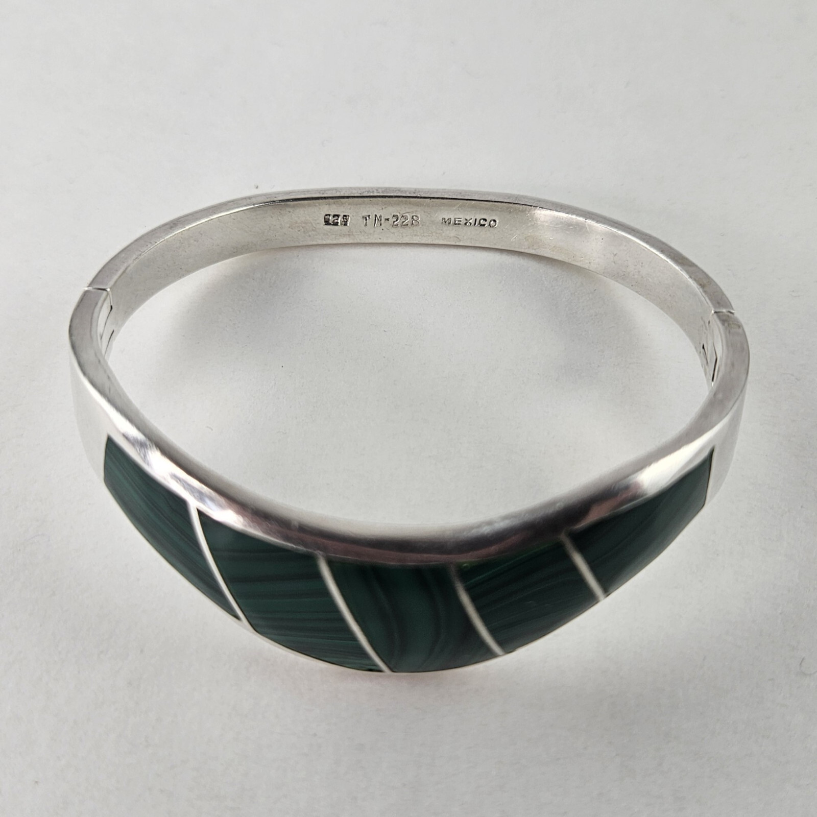 Sterling Silver Hinged Bangle Inlay Malachite Bra… - image 2