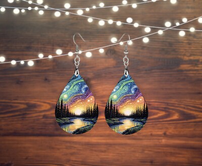 Northern Lights River Print Wood Dangle Teardrop Print Earrings Jewelry 