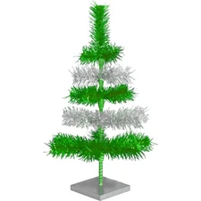 Metallic Green and Silver Layered Tinsel Christmas Tree Stand Included