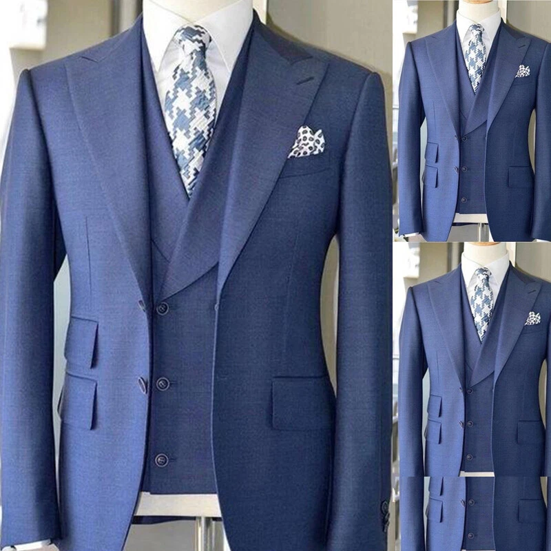 3Pcs Blue Men Suits Peak Lapel Formal Business Tuxedos Wedding Groom Prom Blazer - Image 3 of 4