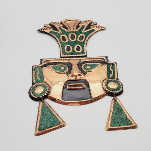 Vintage Mayan Inca Aztec Mask Copper Crushed Turquoise Folk Art Wall Hanging - Picture 7 of 11