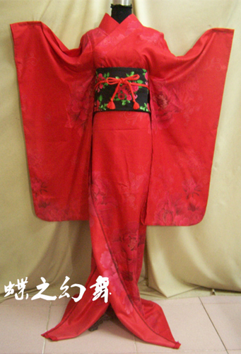 Japanese Traditional Floral Furisode Long Red Kimono Dress Cosplay Costume Women