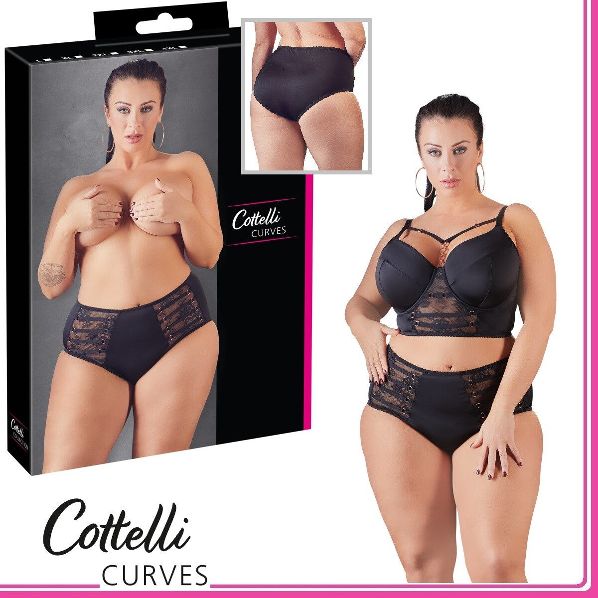 Sexy Slip Nero Elasticizzato Con Pizzo Cottelli Curves Plus Size Lingerie Donna