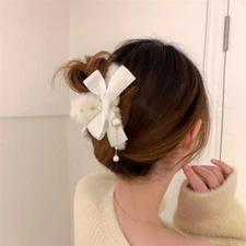 Plush bow tassel hairpin back head catch female hairpin new shark clip headdress